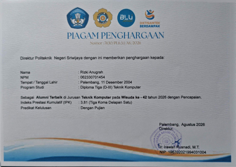 Sertifikat Lulusan Terbaik Jurusan Teknik Komputer, Politeknik Negeri Sriwijaya pada Wisuda ke-42 Tahun 2026